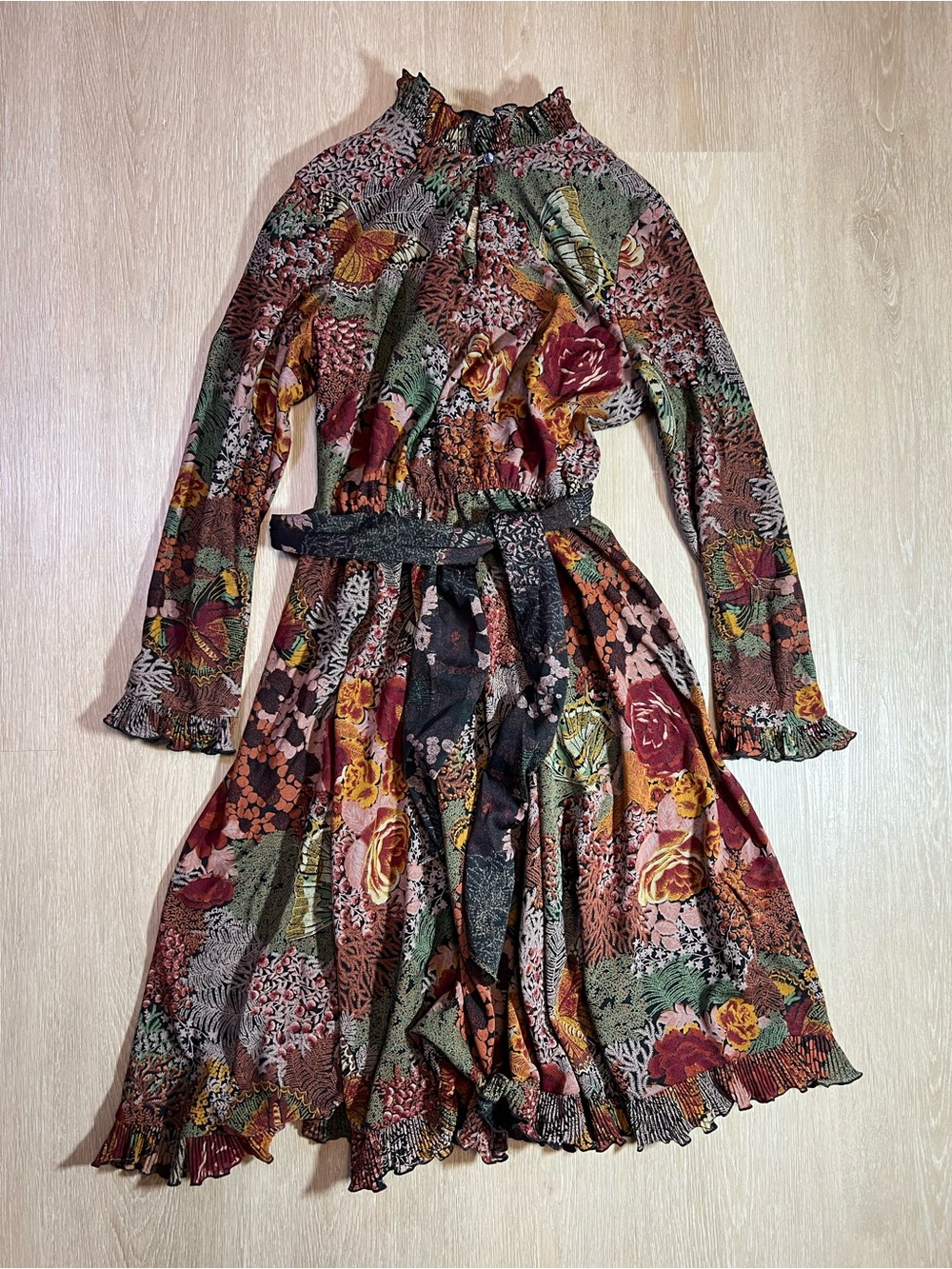 Vintage Floral Long-Sleeve Ruffle Neck Victorian Cottagecore Tie Front Dress